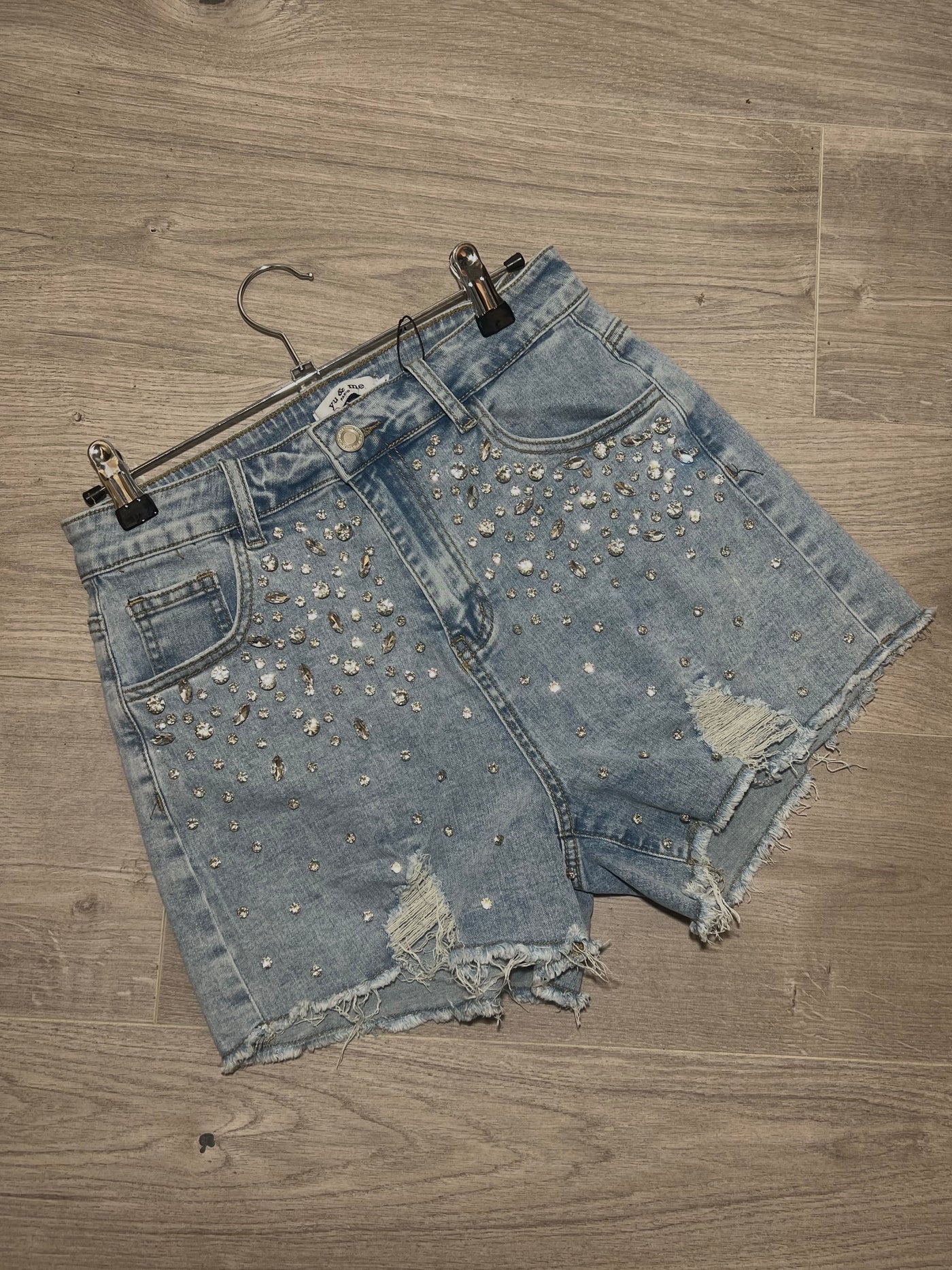 Scattered Crystal destressed denim shorts