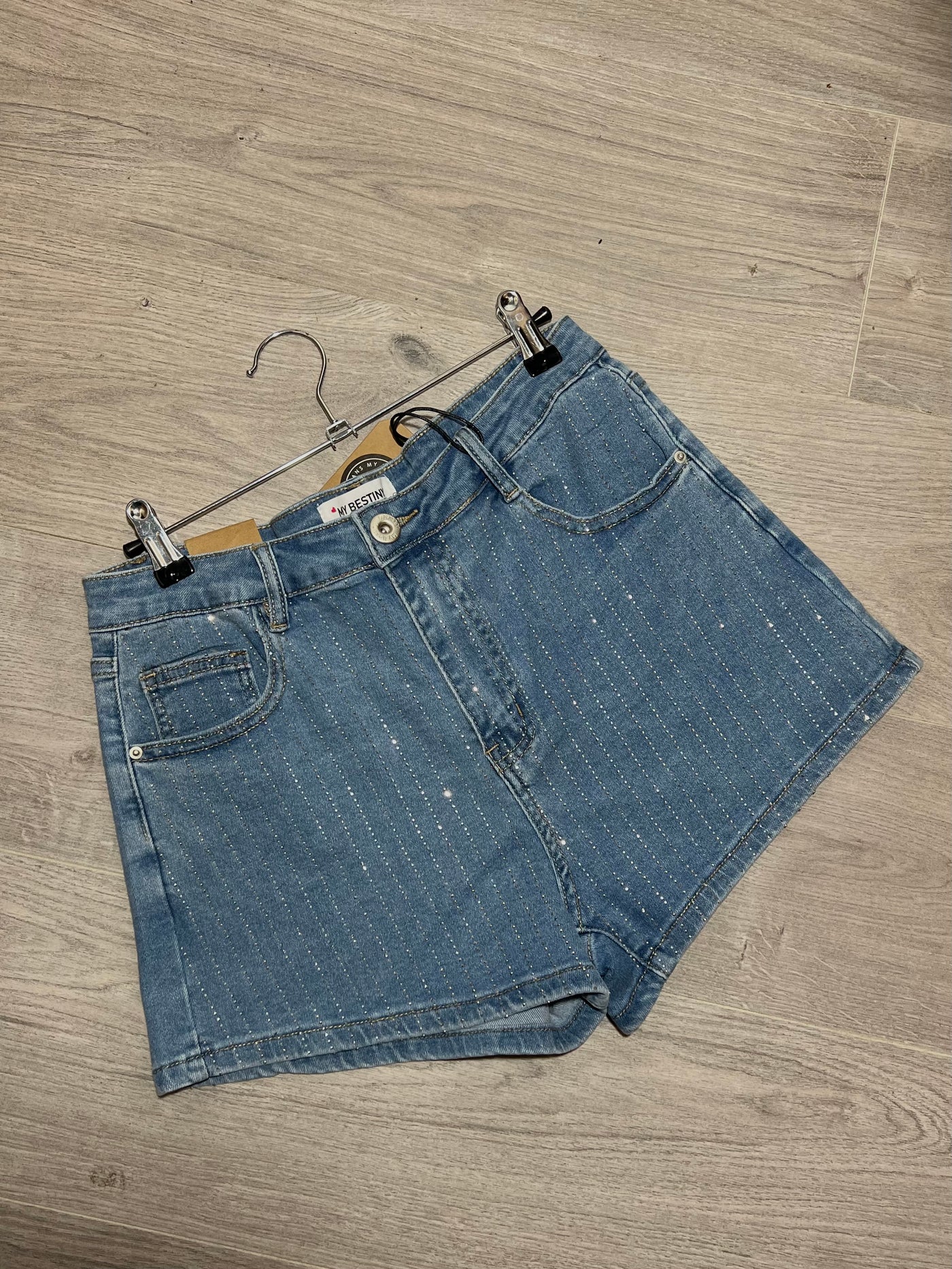 Gemmed Stripe denim shorts