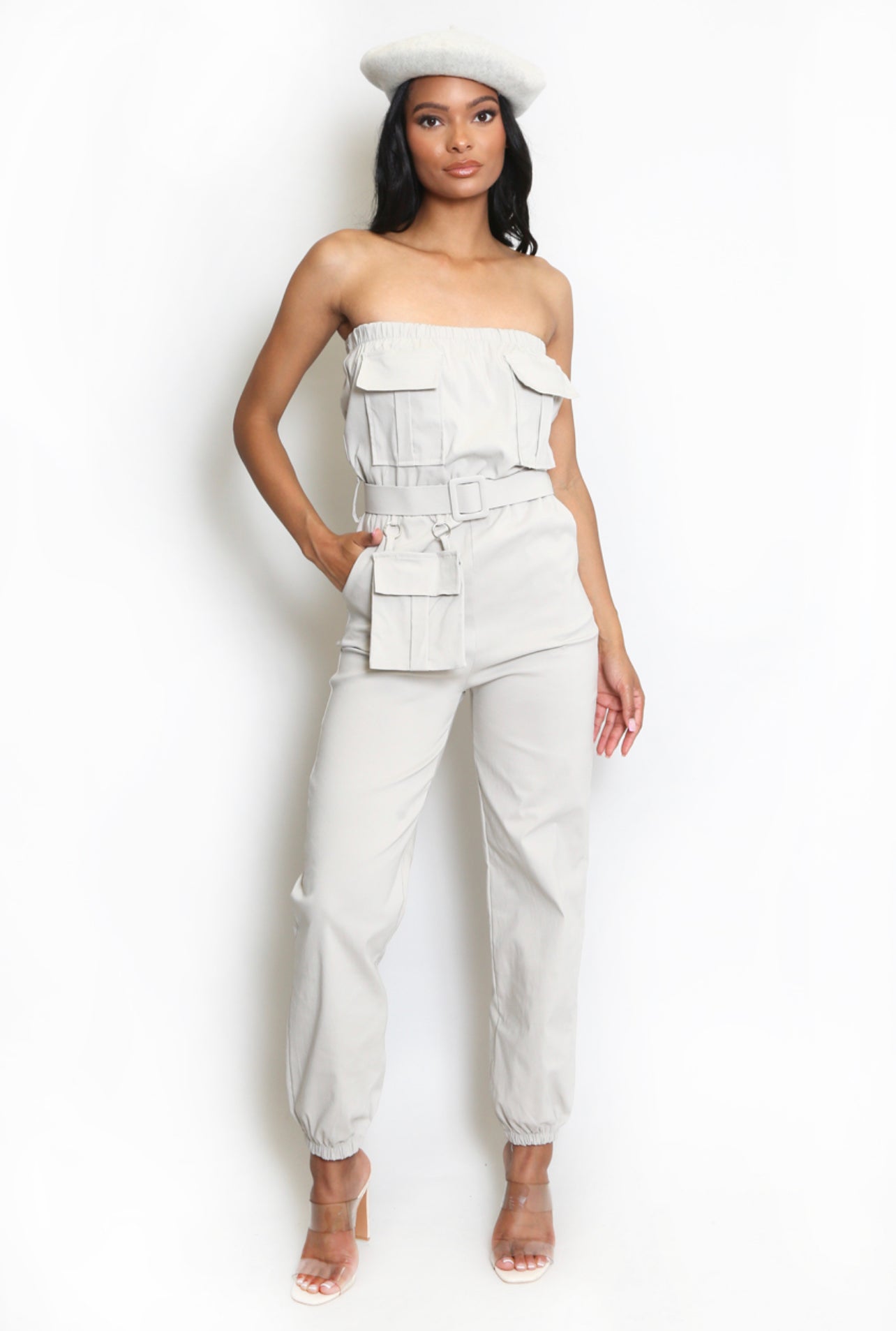 GREY BELTED CARGO POCKETED BANDEAU JUMPSUIT