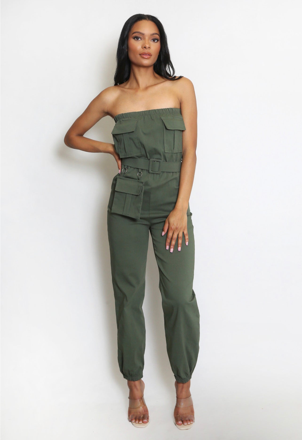 KHAKI BELTED CARGO POCKETED BANDEAU JUMPSUIT