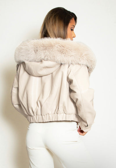 CREAM PU FUR TRIM HOODED COAT