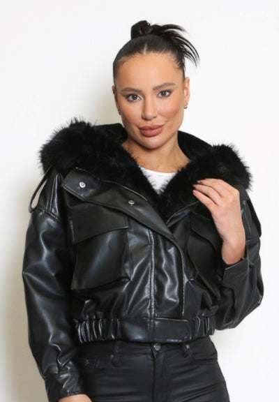 BLACK PU FUR TRIM HOODED COAT