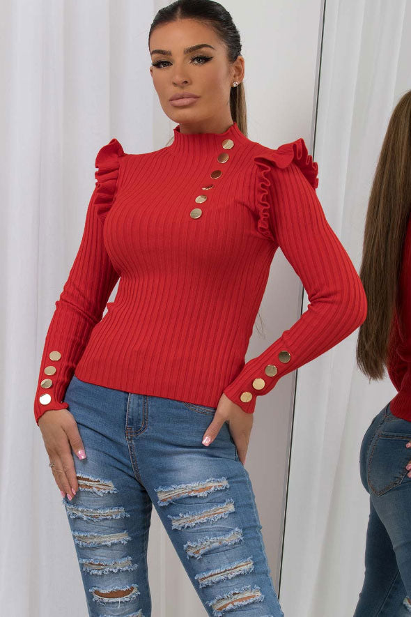 Knitted Jumper With Gold Button Frill Shoulder Red