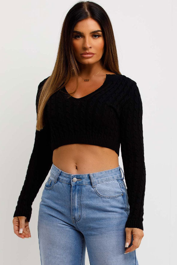 Knitted V Neck Crop Jumper Black