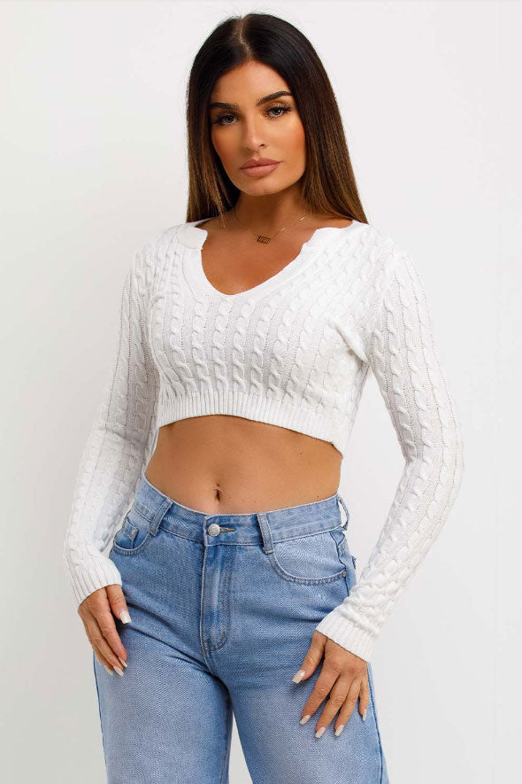 Knitted V Neck Crop Jumper White