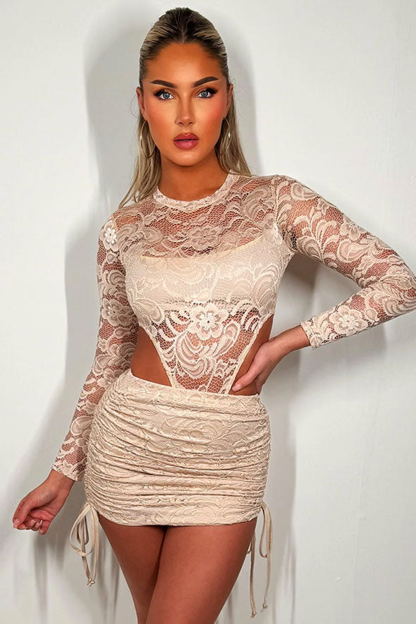 Lace Skirt And High Leg Bodysuit Top Co Ord Beige