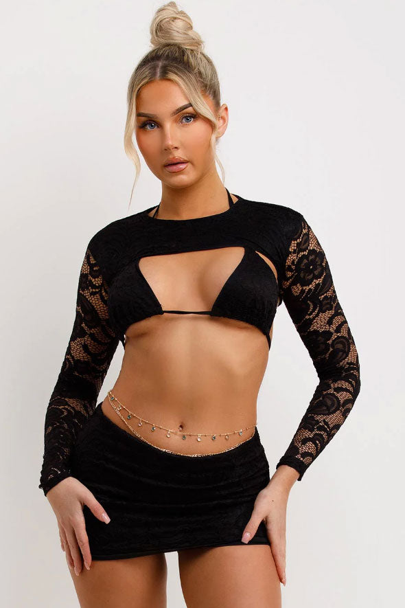 Lace Skirt Top And Bikini 3 Piece Set Festival Outfit Black