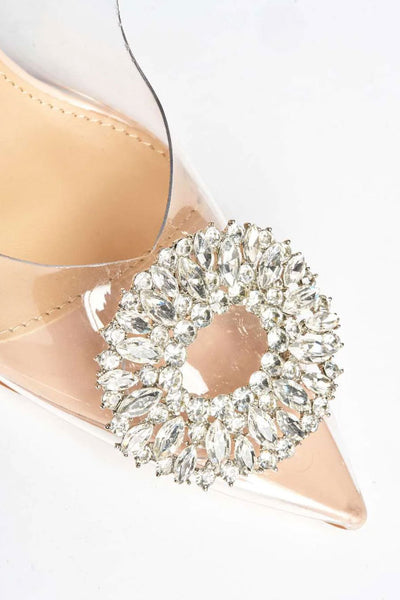 Lolya Diamante Brooch Detail Perspex Court Shoe Heels in Nude