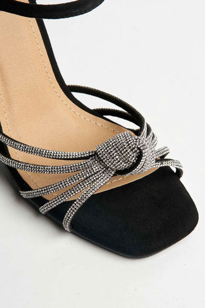 Marina Diamante Embellished Knot Band Sandal in Black Suede