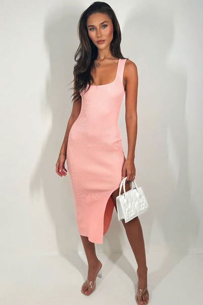 Pink Midi Dress With Side Cut Ribbed