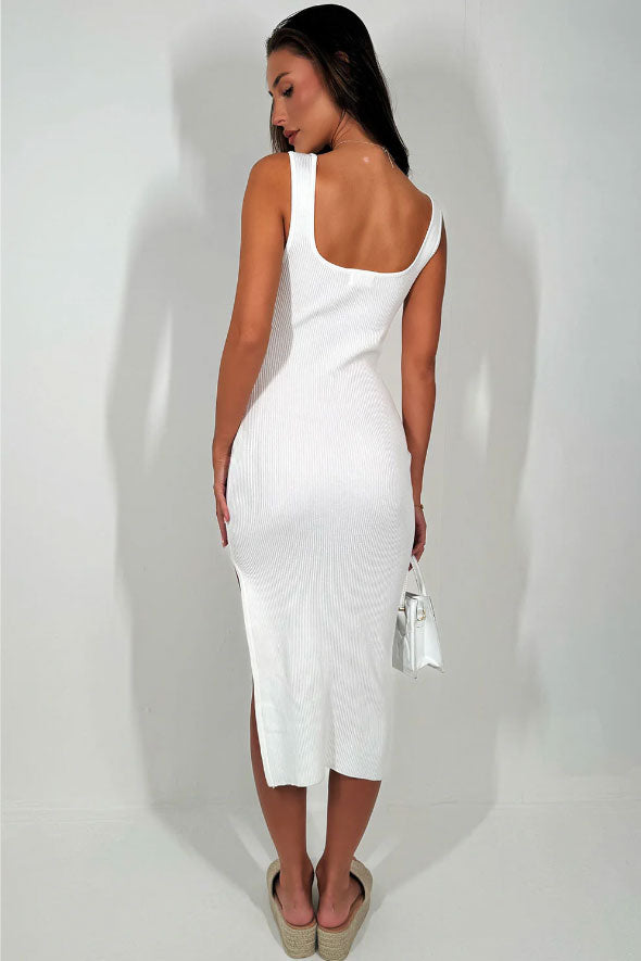 White Midi Dress With Side Cut Ribbed