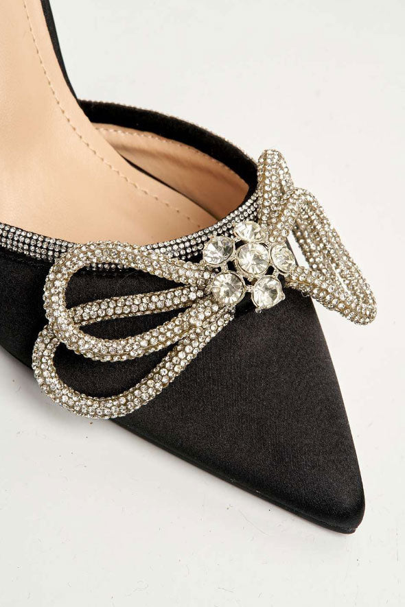 Natalie Pointed Toe Diamante Bow &amp; Strap Court Shoe Heel in Black