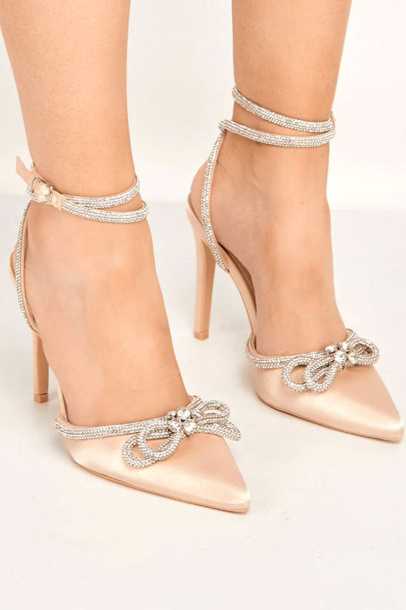 Natalie Pointed Toe Diamante Bow & Strap Court Shoe Heel in Beige