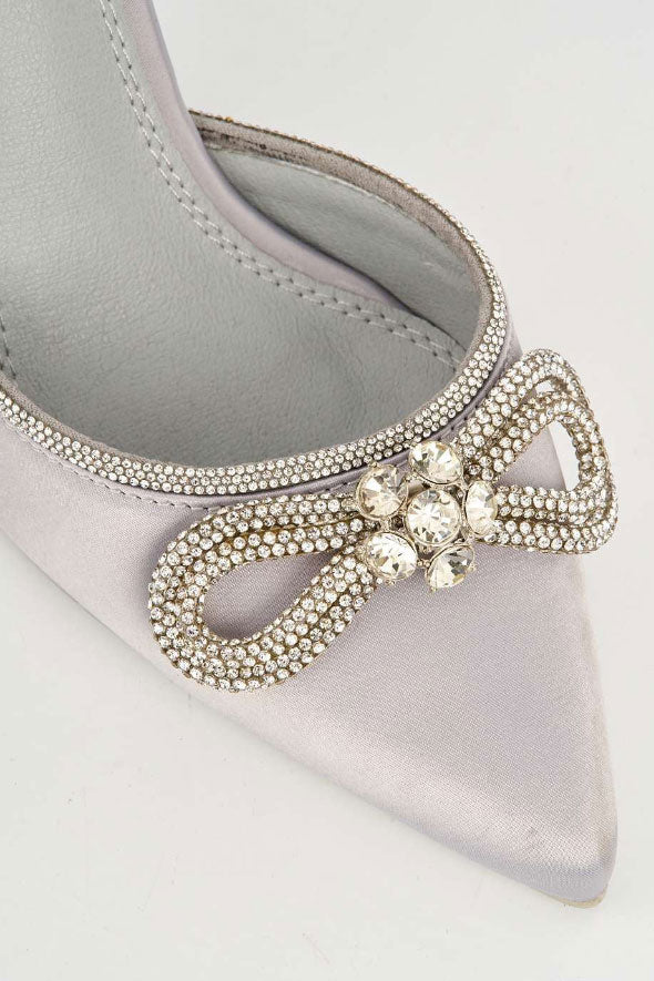 Natalie Pointed Toe Diamante Bow &amp; Strap Court Shoe Heel in Silver