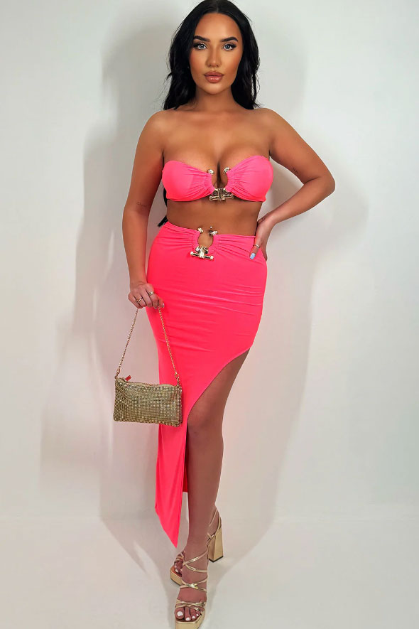 Neon Pink Maxi Skirt And Bandeau Top With Gold Buckle Set