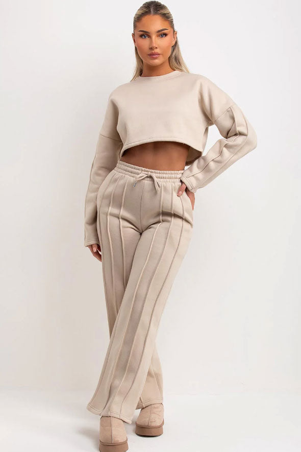 Oatmeal Tracksuit Joggers And Crop Sweatshirt With Seam Detail