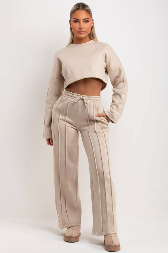 Oatmeal Tracksuit Joggers And Crop Sweatshirt With Seam Detail