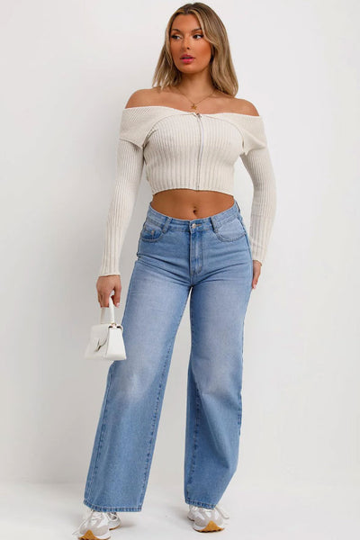 Off Shoulder Jumper Top With Zip Front Beige