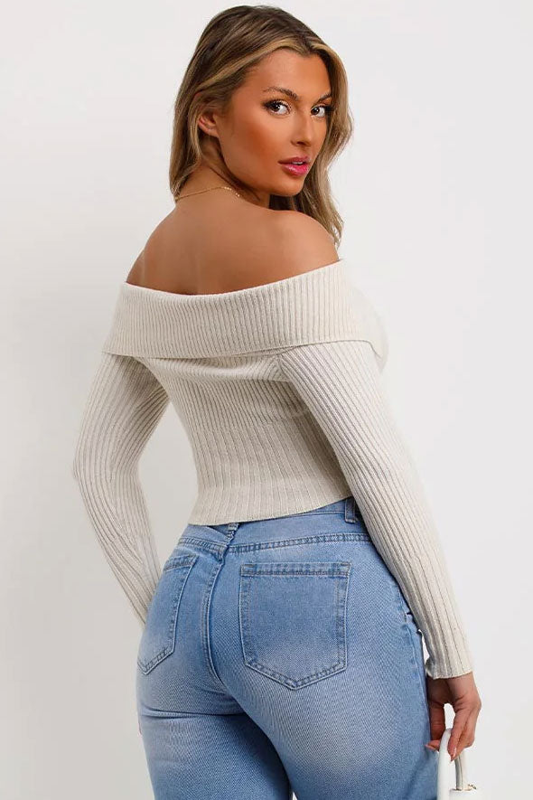 Off Shoulder Jumper Top With Zip Front Beige