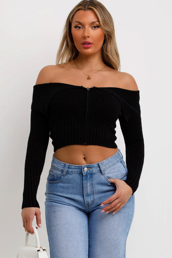 Off Shoulder Jumper Top With Zip Front Black