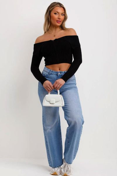 Off Shoulder Jumper Top With Zip Front Black