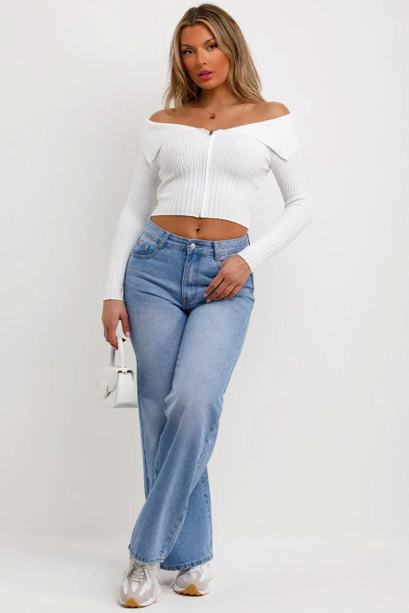 Off Shoulder Jumper Top With Zip Front Cream