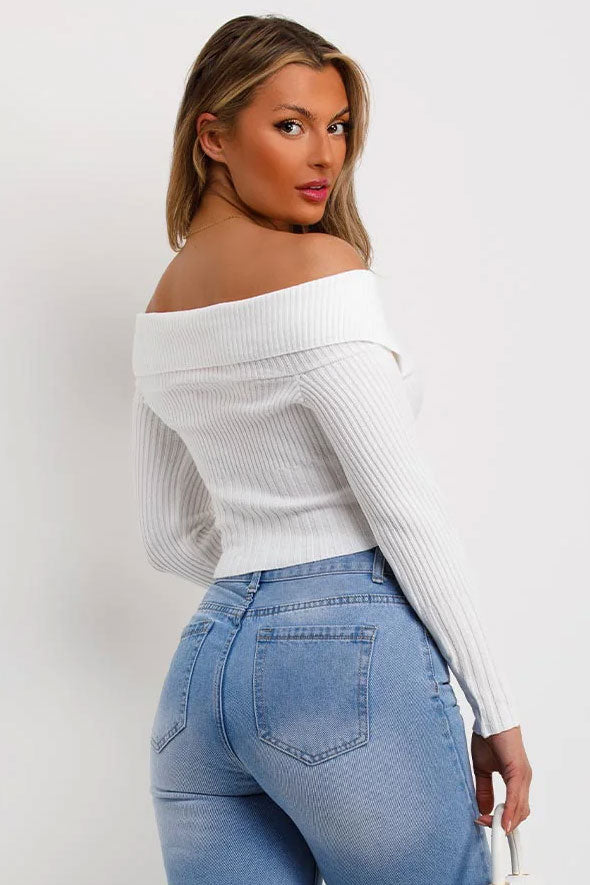 Off Shoulder Jumper Top With Zip Front Cream