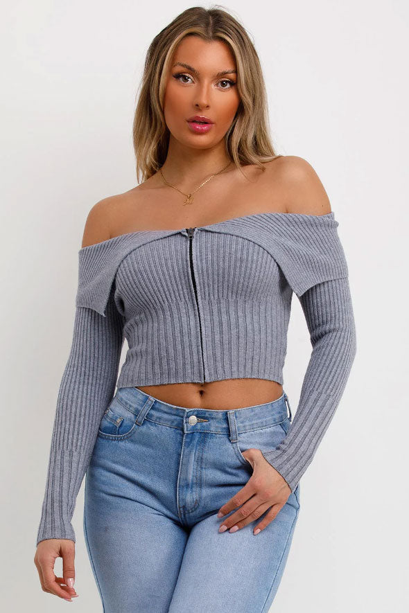 Off Shoulder Jumper Top With Zip Front Grey