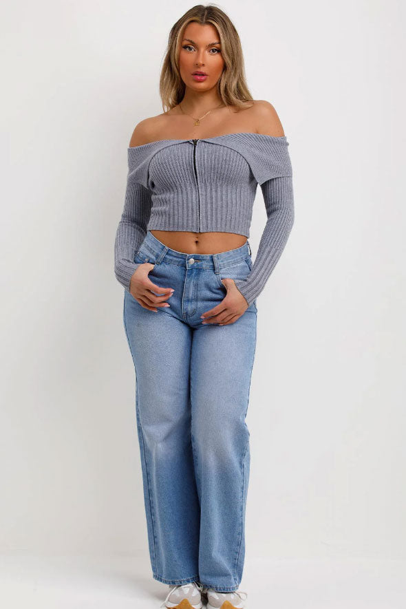 Off Shoulder Jumper Top With Zip Front Grey