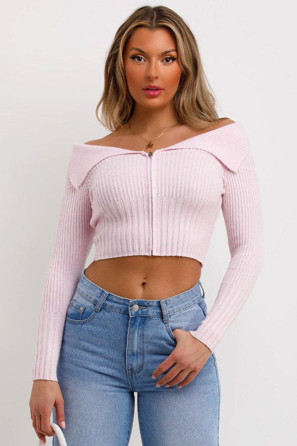 Off Shoulder Jumper Top With Zip Front Pink