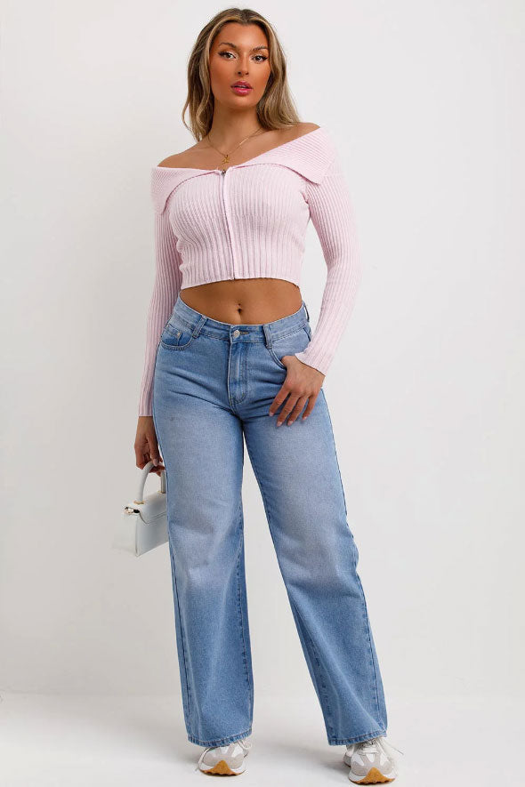 Off Shoulder Jumper Top With Zip Front Pink