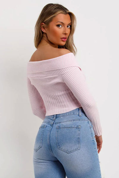 Off Shoulder Jumper Top With Zip Front Pink