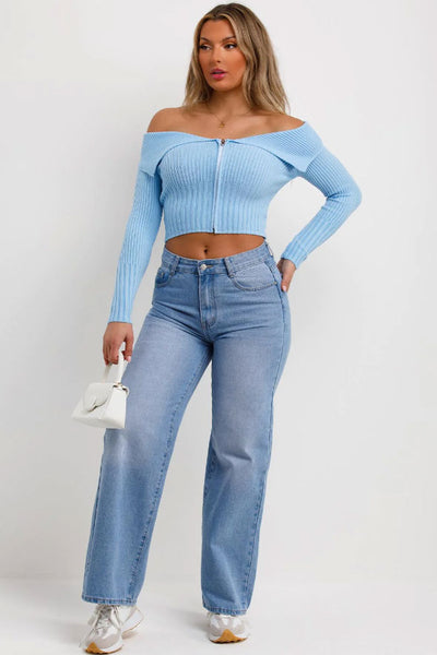 Off Shoulder Jumper Top With Zip Front Blue