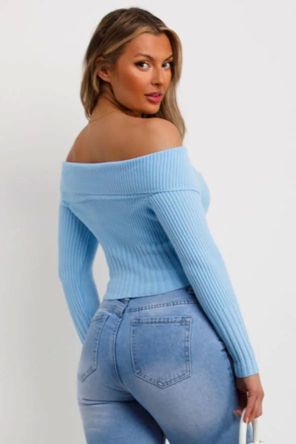 Off Shoulder Jumper Top With Zip Front Blue