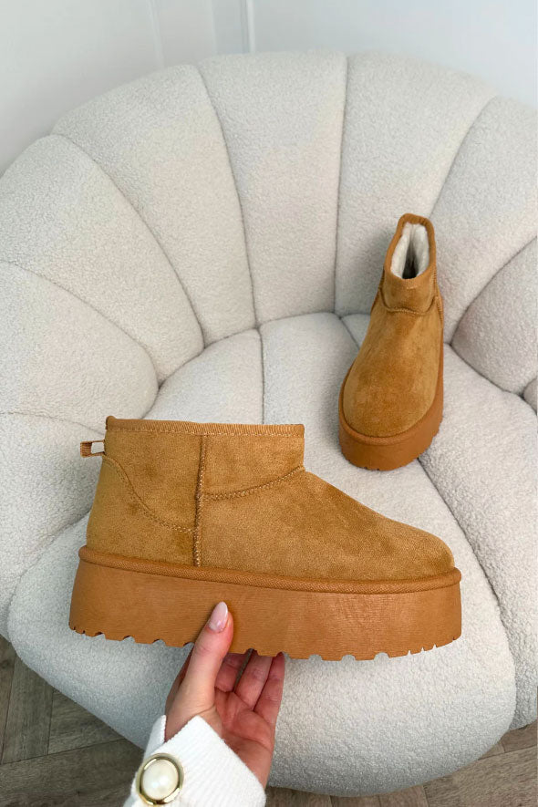 PENNY CAMEL PLATFORM ULTRA MINI FAUX FUR BOOTS