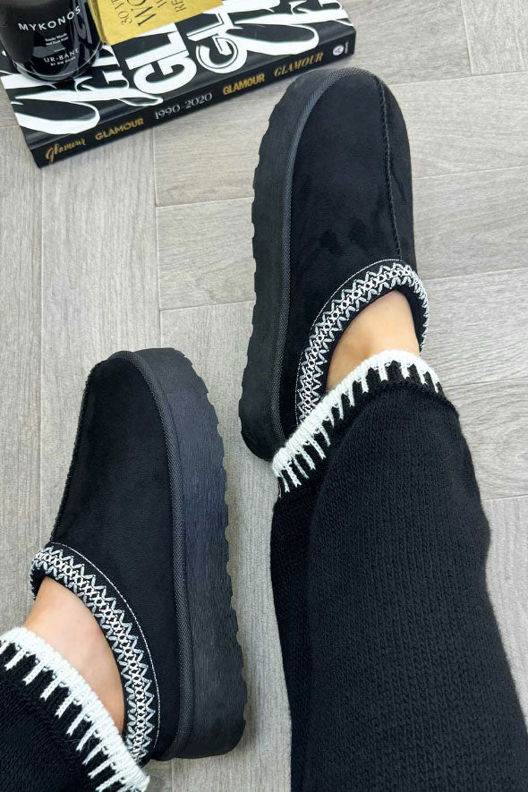 Platform Slippers With Embroidered Braid Black