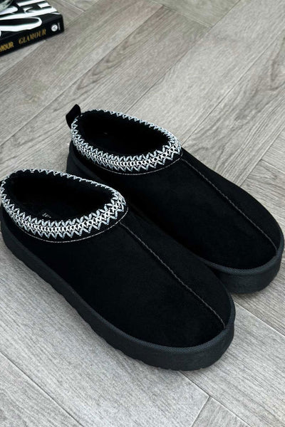 Platform Slippers With Embroidered Braid Black