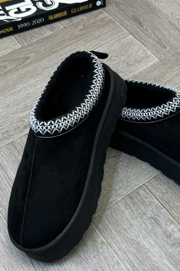 Platform Slippers With Embroidered Braid Black