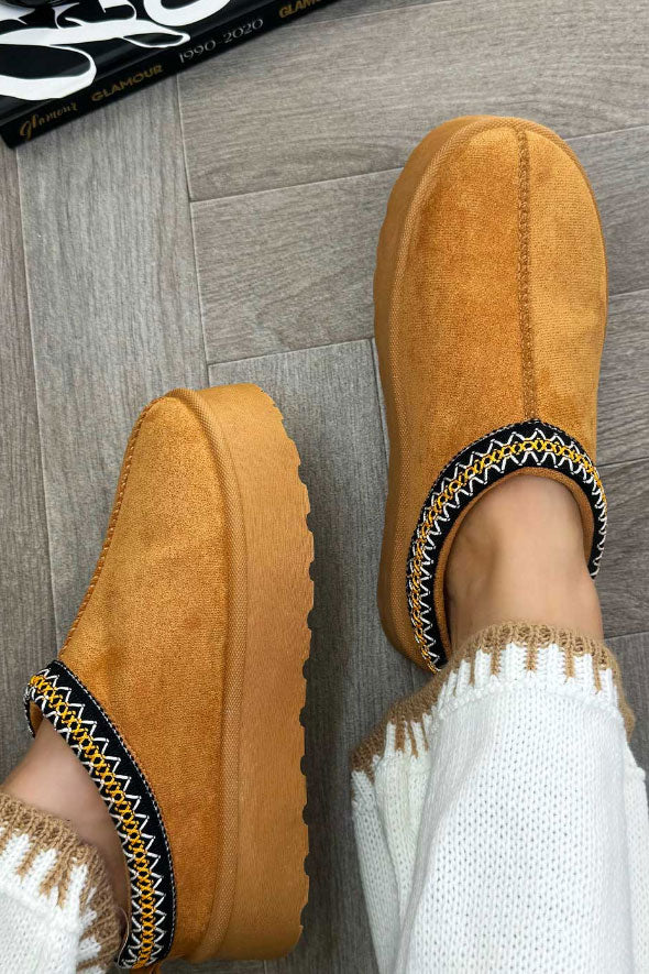 Platform Slippers With Embroidered Braid Camel