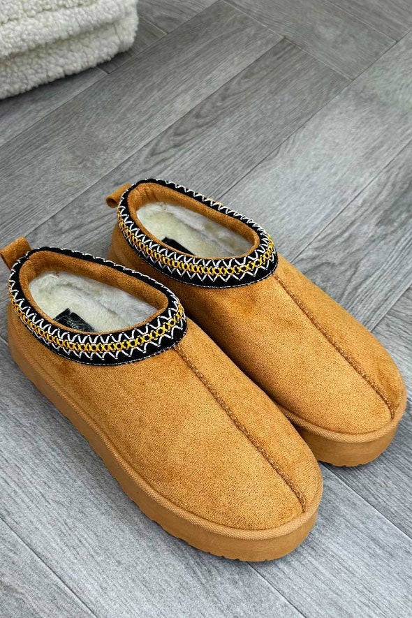 Platform Slippers With Embroidered Braid Camel