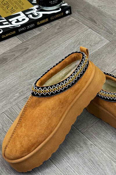 Platform Slippers With Embroidered Braid Camel