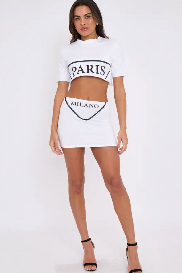 Paris Milano Graphic Crop Top & Skirt Co-ord white