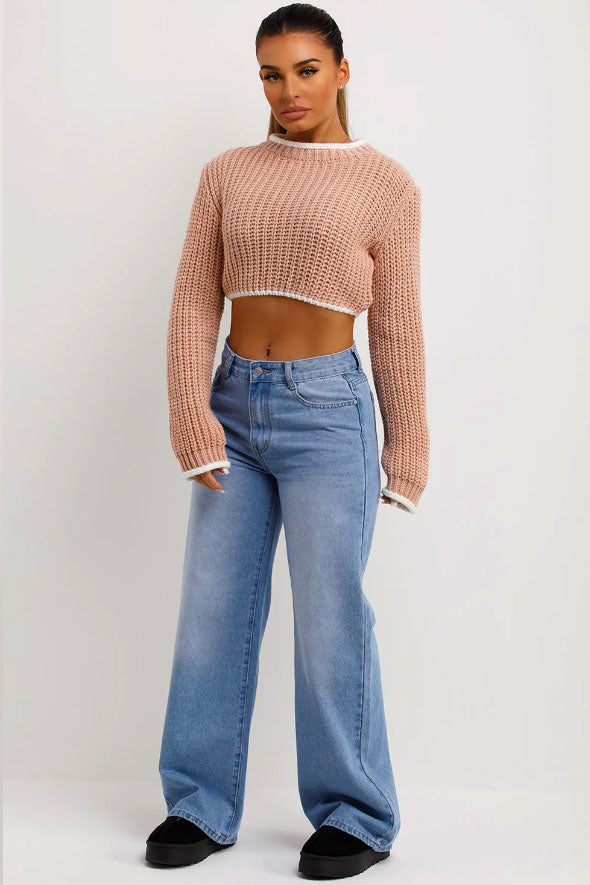 Pink Long Sleeve Knitted Cropped Jumper