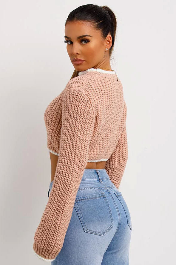 Pink Long Sleeve Knitted Cropped Jumper