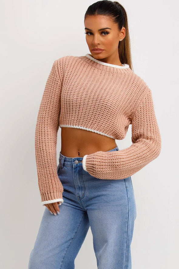 Pink Long Sleeve Knitted Cropped Jumper