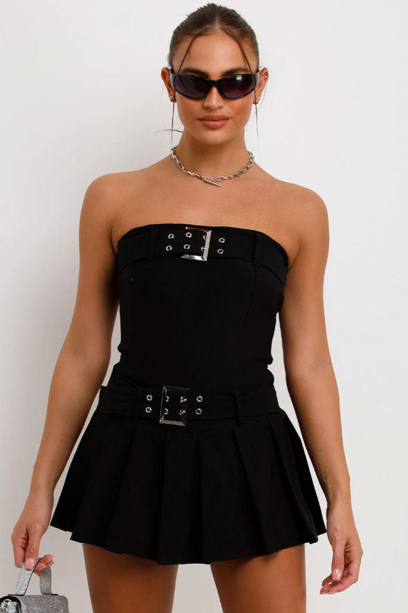 Pleated Skort Dress With Buckle Detail Black