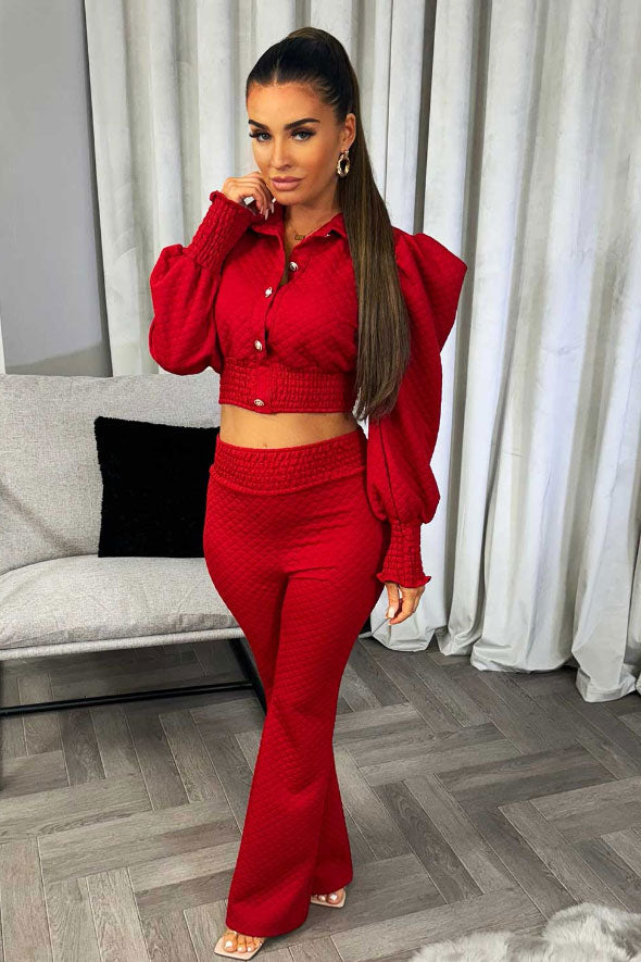 Quilted Puff Sleeve Gold Button Top And Trousers Co Ord Red