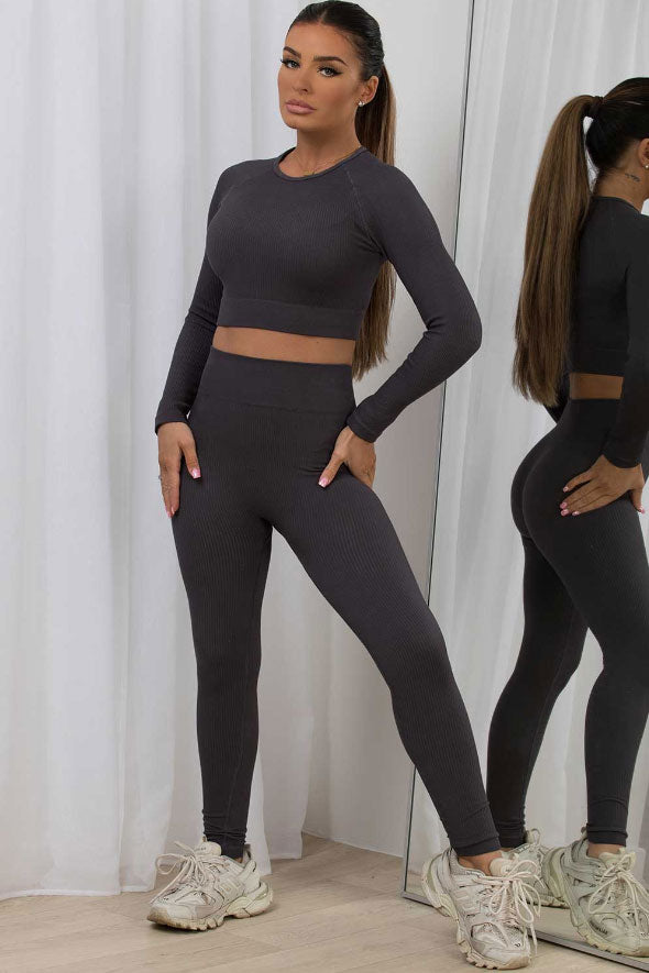 Ribbed Gym Set Co Ord Charcoal grey