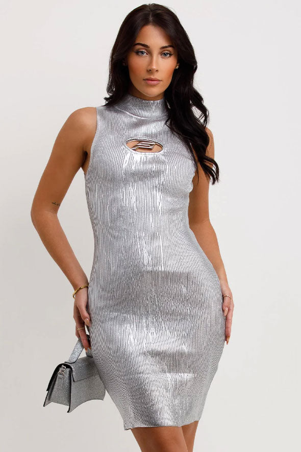 Ribbed Knit Sleeveless Dress In Silver