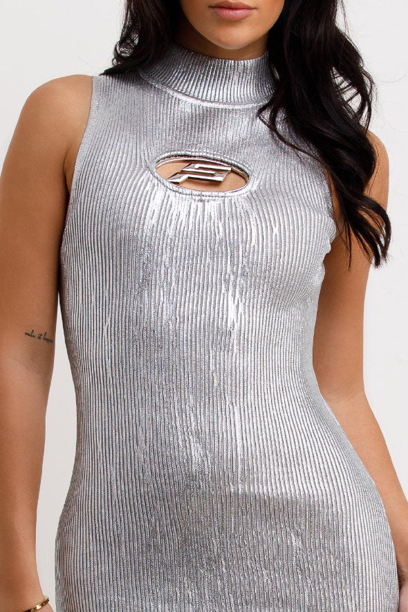 Ribbed Knit Sleeveless Dress In Silver